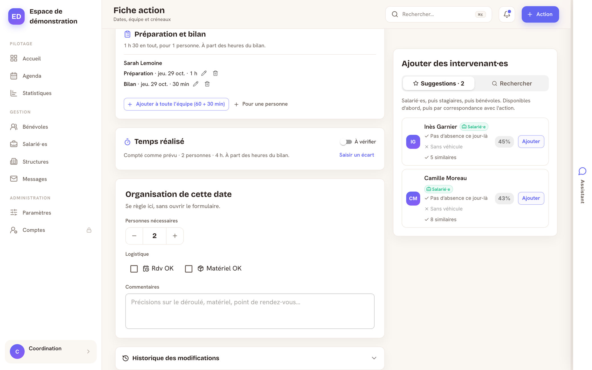 La fiche d’une animation : sa préparation et son bilan rattachés, son temps réalisé, et les personnes disponibles proposées pour la composer.