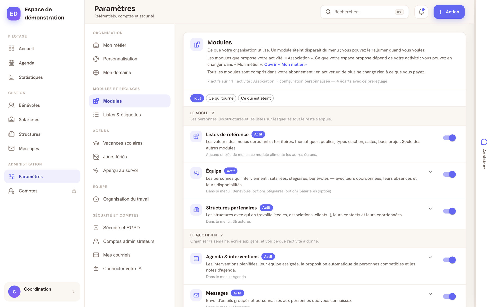 L’écran Paramètres, Modules : chaque module et ses options, allumés ou éteints.